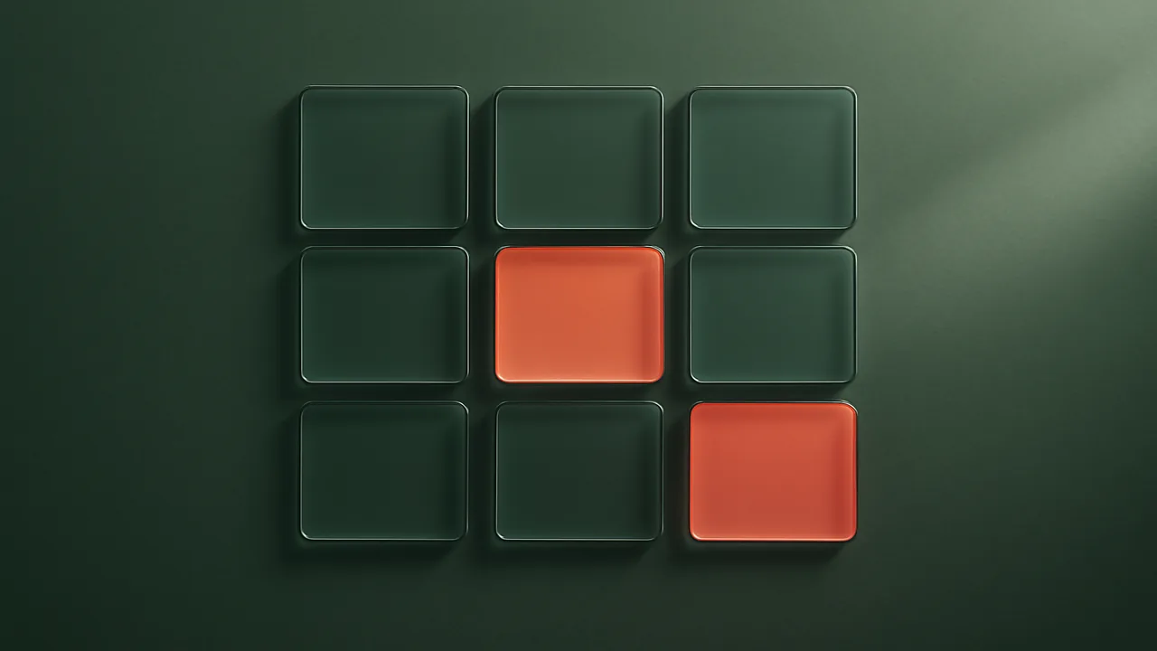 Abstract editorial render of a floating comparison matrix, sage green translucent panels with coral accent cells