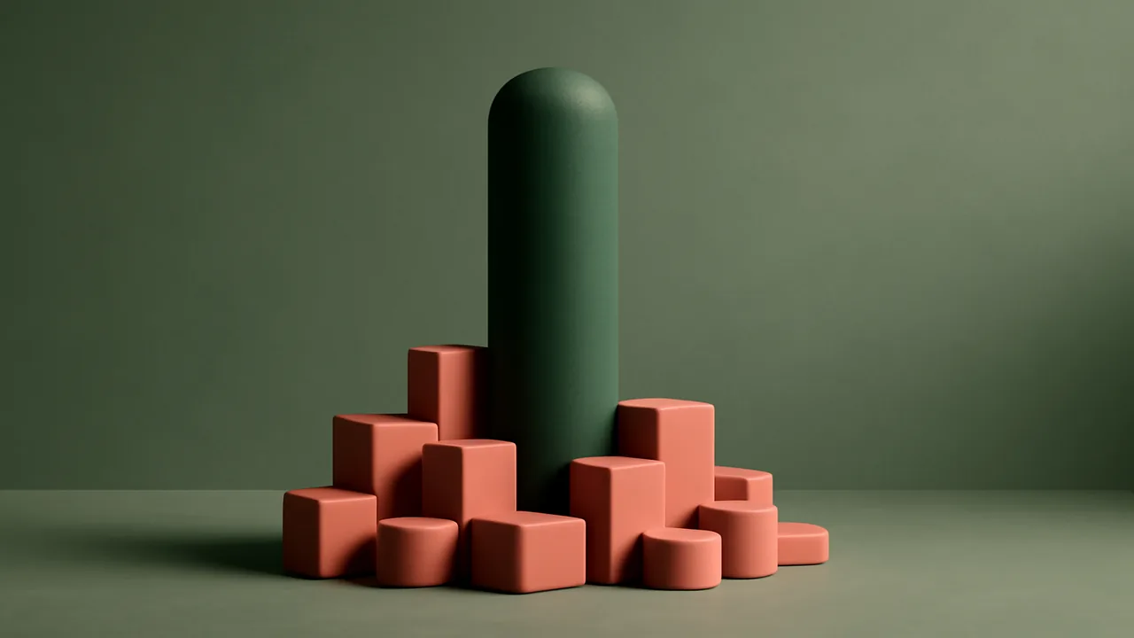 Editorial render of an abstract composite index rising from dimensional contributors, sage and coral palette