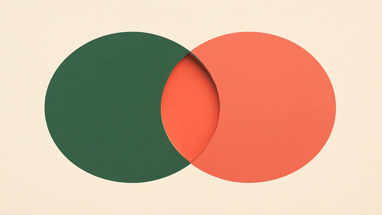 Abstract coverage scope Venn composition rendered in deep sage and coral