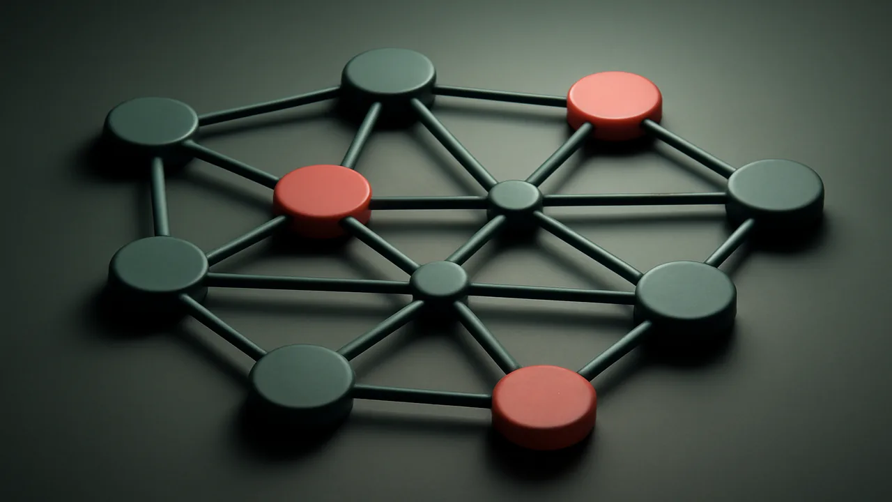 Editorial render of an abstract network of interconnected nodes in sage and coral, representing blockchain payment rails