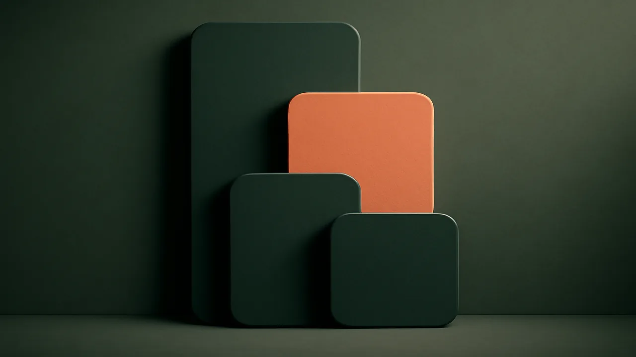 Editorial render of tiered rectangular panels in sage and coral, representing licence tier levels