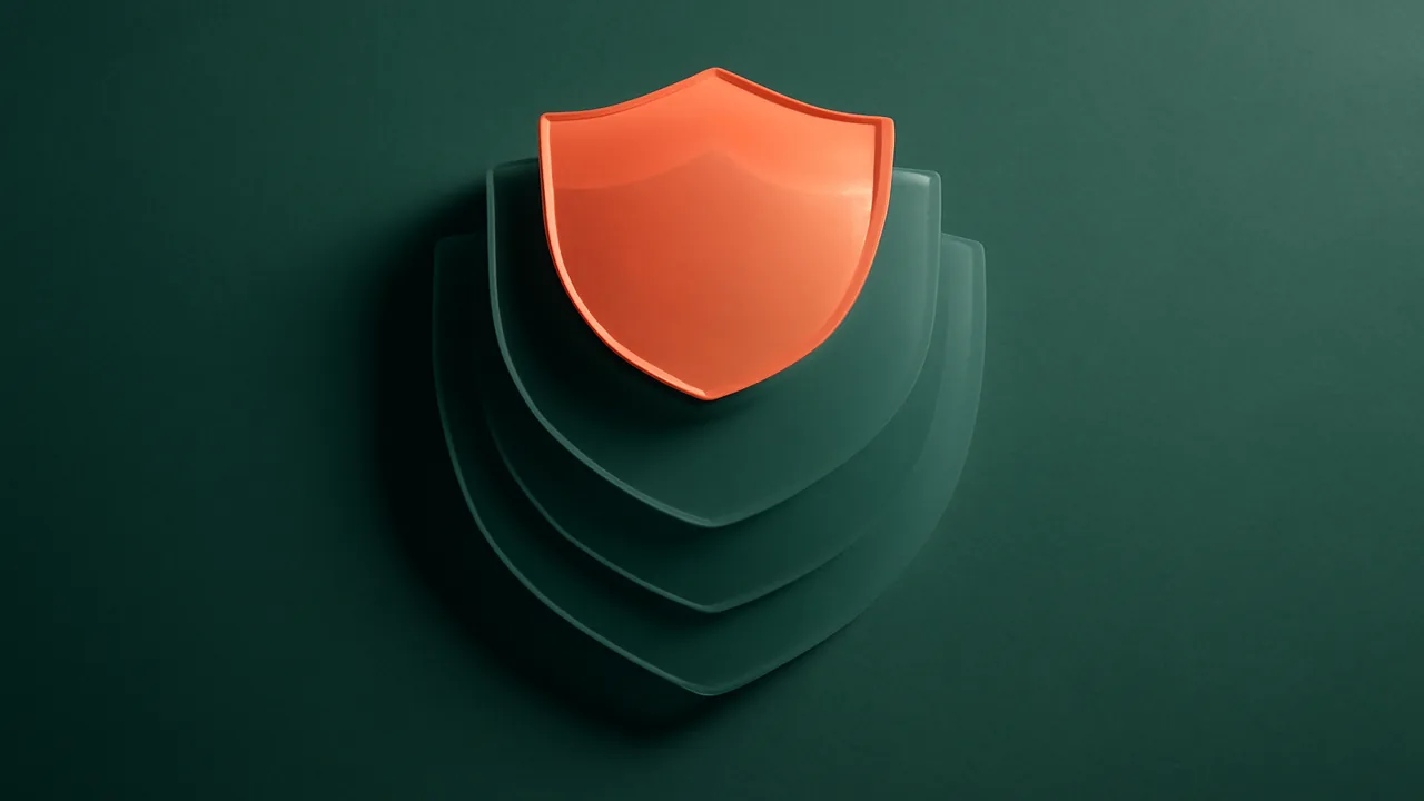 Editorial render of translucent layered protections stacked vertically in sage and coral