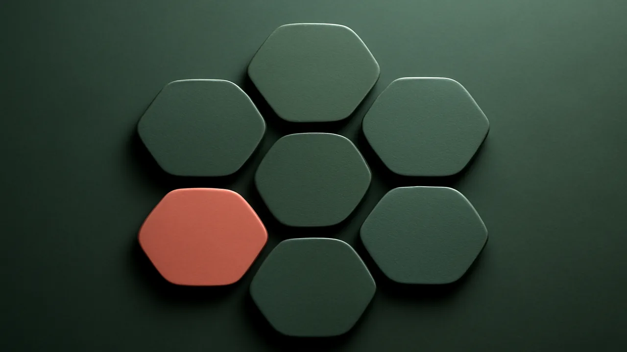 Editorial render of a hexagonal arrangement of six panels in sage and coral, representing six regulator jurisdictions
