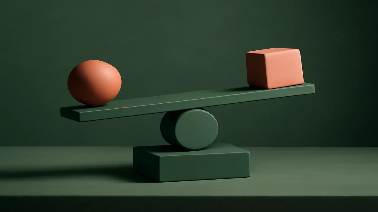 Editorial render of an abstract weighted balance scale in sage and coral, symbolising scoring rubric